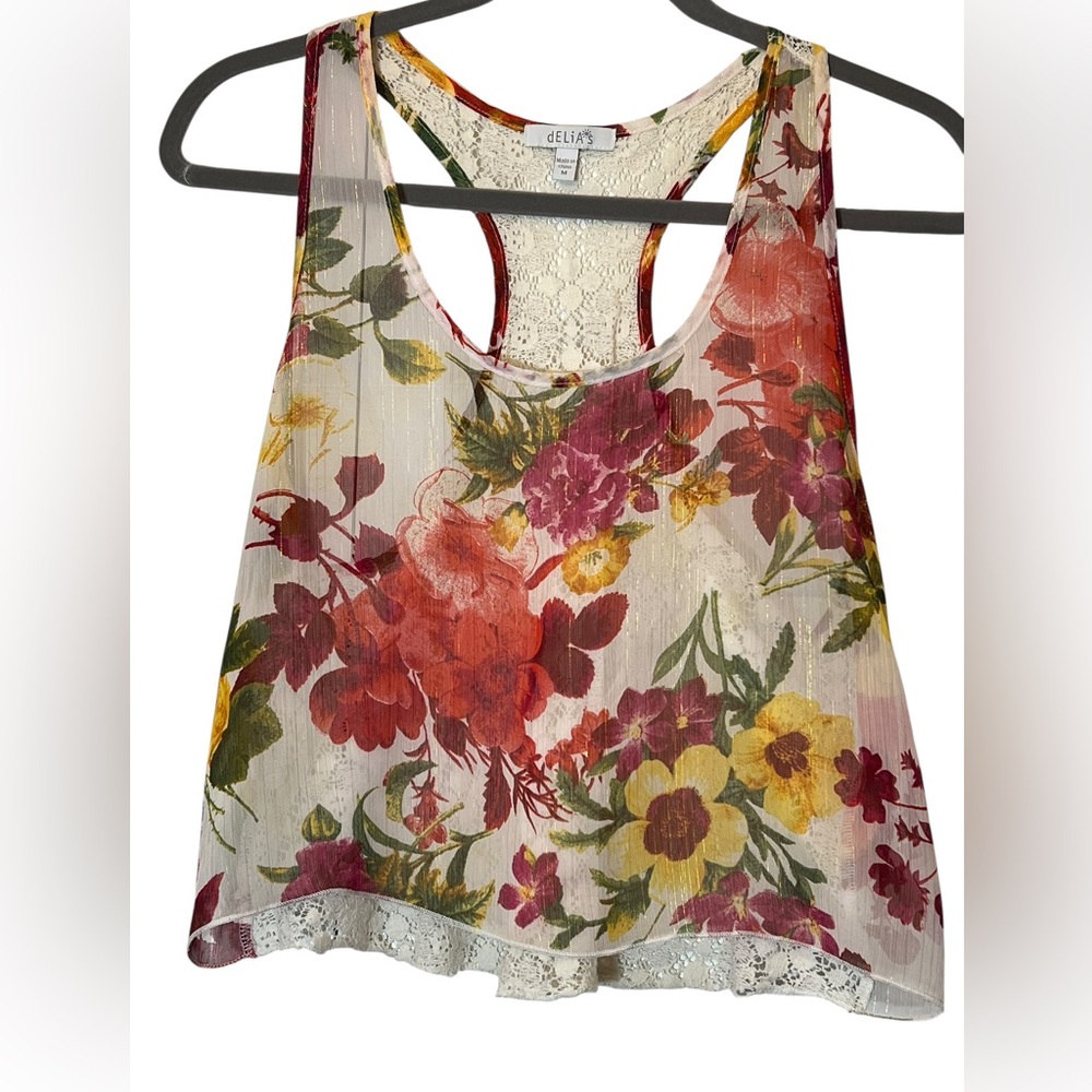 dELiA*s Sheer Floral Lace Back Gold threaded Tank Top Size M Y2K Festival